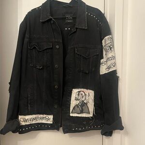 Black Denim Jacket with Graphic Patches